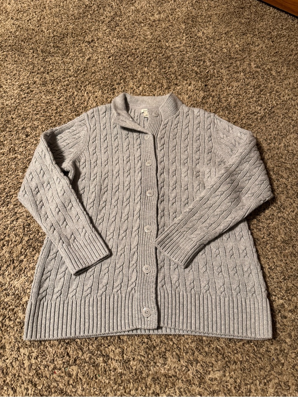 L.L. Bean Light Gray Cable-Knit Button Cardigan